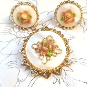 Vintage Mother of Pearl Brooch and Earring Set